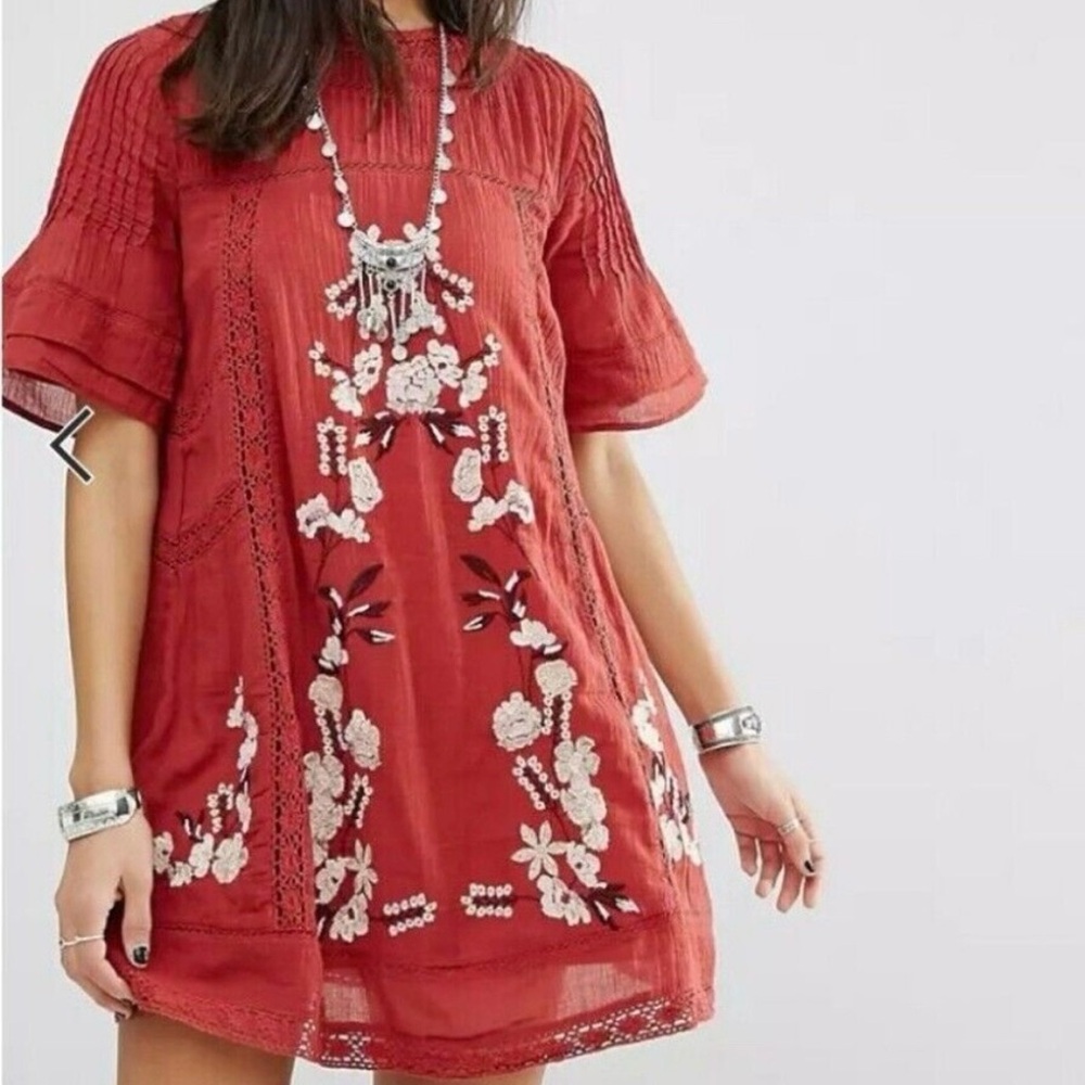 Free People Red Embroidered Dress